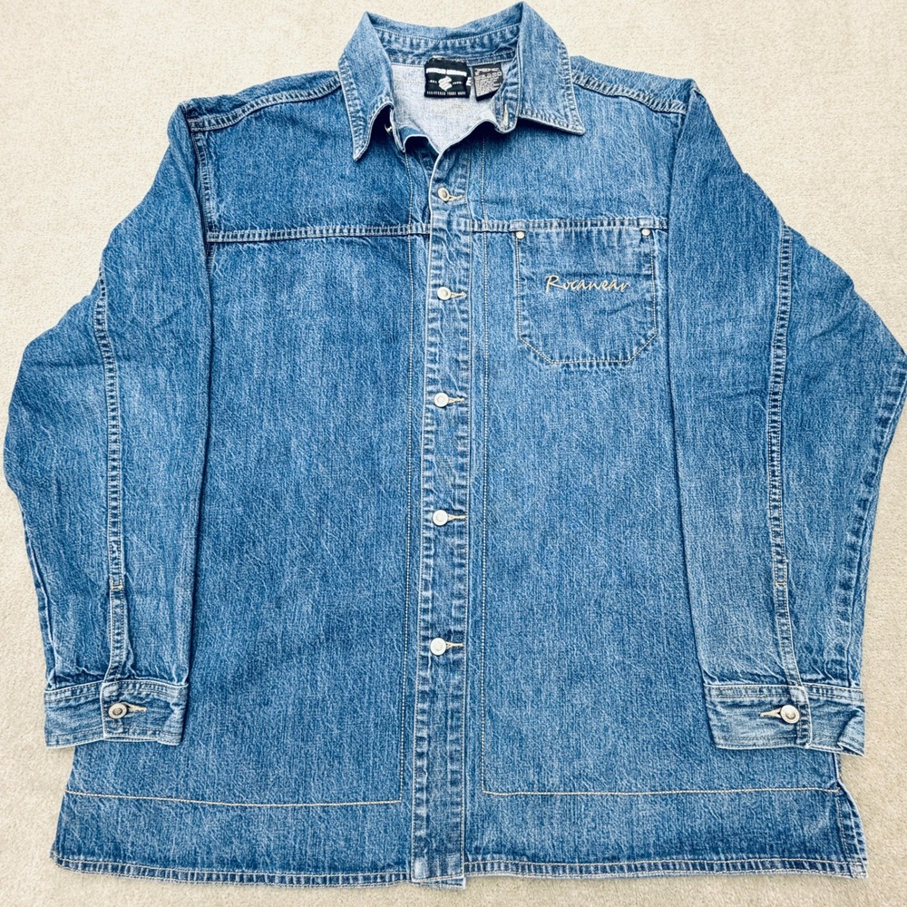 Vtg Y2K Rocawear Denim Shirt Jacket Mens XL Baggy Hip Hop Blue Heavyweight